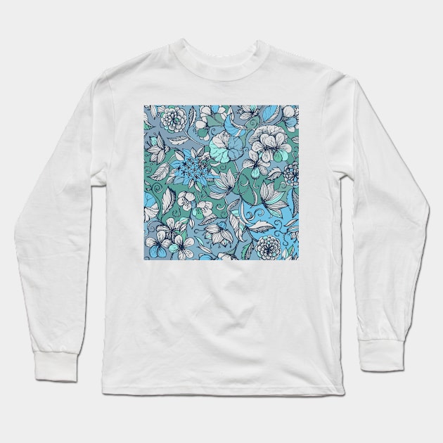 Indigo Summer - a hand drawn floral pattern Long Sleeve T-Shirt by micklyn